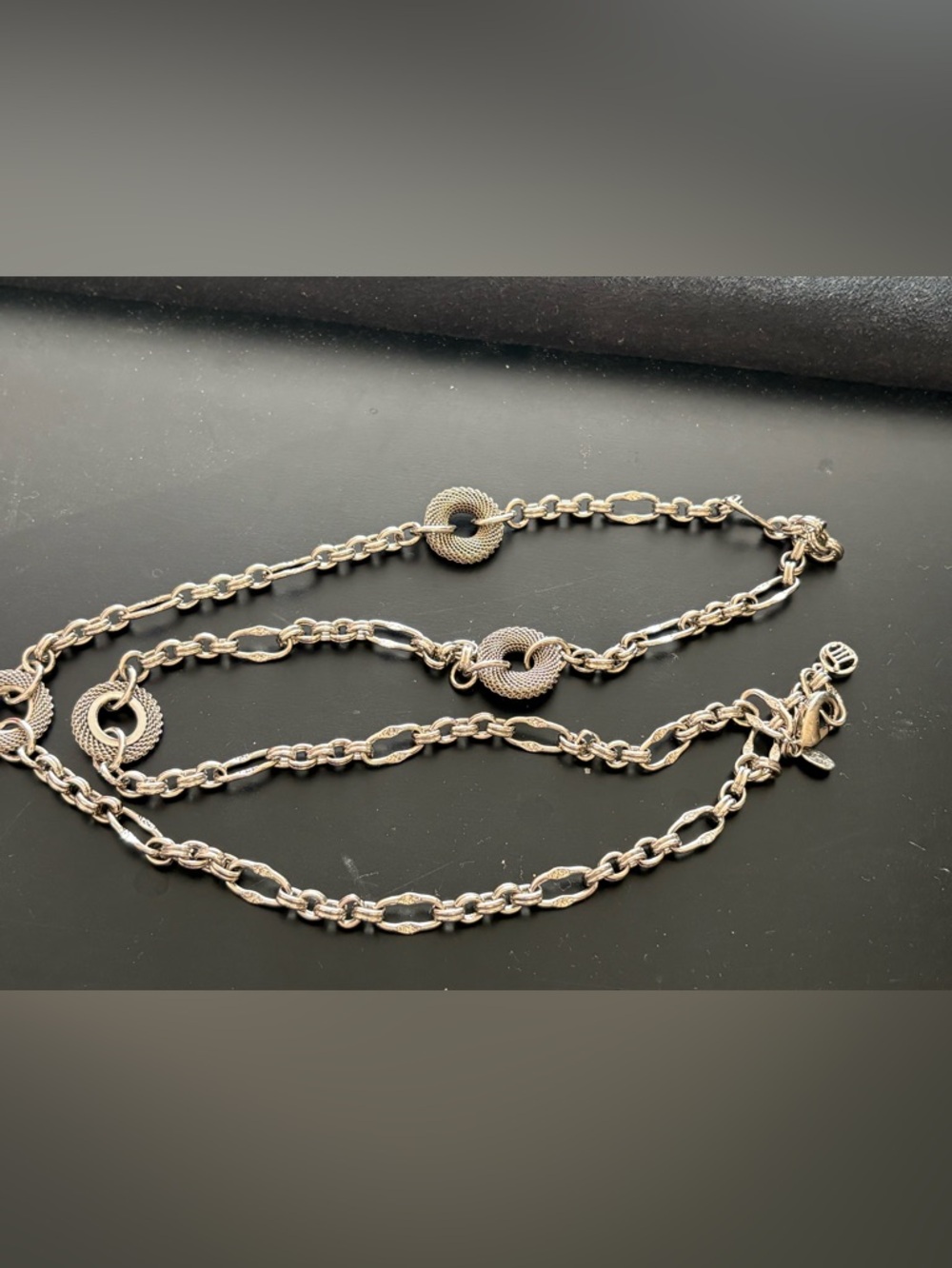 Myka brand long chain. Sterling Silver Link Necklace with Textured Disk Accents